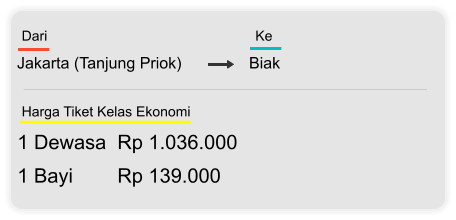 Jakarta (Tanjung Priok) Biak  Dari  Ke 1 Dewasa  Rp 1.036.000 1 Bayi        Rp 139.000 Harga Tiket Kelas Ekonomi