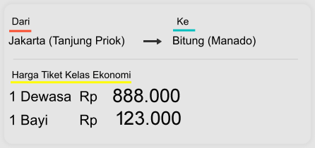 Jakarta (Tanjung Priok) Bitung (Manado)  Dari  Ke 1 Dewasa  Rp 888.000 1 Bayi        Rp 123.000 Harga Tiket Kelas Ekonomi
