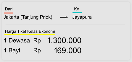 Jakarta (Tanjung Priok) Jayapura  Dari  Ke 1 Dewasa  Rp 1.300.000 1 Bayi        Rp 169.000 Harga Tiket Kelas Ekonomi