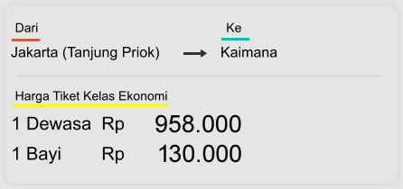 Jakarta (Tanjung Priok) Kaimana  Dari  Ke 1 Dewasa  Rp 958.000 1 Bayi        Rp 130.000 Harga Tiket Kelas Ekonomi