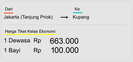 Jakarta (Tanjung Priok) Kupang  Dari  Ke 1 Dewasa  Rp 663.000 1 Bayi        Rp 100.000 Harga Tiket Kelas Ekonomi