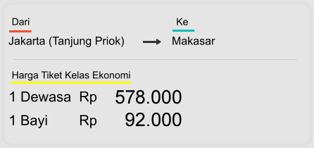 Jakarta (Tanjung Priok) Makasar  Dari  Ke 1 Dewasa  Rp 578.000 1 Bayi        Rp 92.000 Harga Tiket Kelas Ekonomi