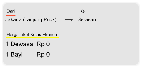 Jakarta (Tanjung Priok) Serasan Dari  Ke 1 Dewasa  Rp 0 1 Bayi        Rp 0 Harga Tiket Kelas Ekonomi