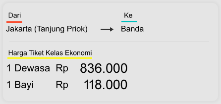 Jakarta (Tanjung Priok) Banda  Dari  Ke 1 Dewasa  Rp 836.000 1 Bayi        Rp 118.000 Harga Tiket Kelas Ekonomi