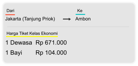 Jakarta (Tanjung Priok) Ambon  Dari  Ke 1 Dewasa  Rp 671.000 1 Bayi        Rp 104.000 Harga Tiket Kelas Ekonomi