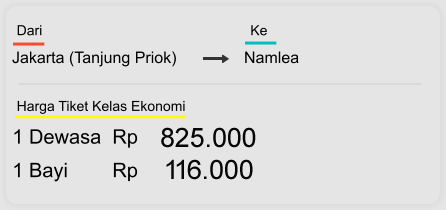 Jakarta (Tanjung Priok) Namlea Dari  Ke 1 Dewasa  Rp 825.000 1 Bayi        Rp 116.000 Harga Tiket Kelas Ekonomi