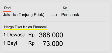 Jakarta (Tanjung Priok) Pontianak Dari  Ke 1 Dewasa  Rp 388.000 1 Bayi        Rp 73.000 Harga Tiket Kelas Ekonomi