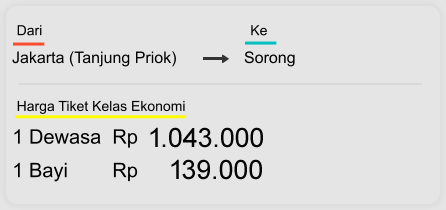 Jakarta (Tanjung Priok) Sorong Dari  Ke 1 Dewasa  Rp 1.043.000 1 Bayi        Rp 139.000 Harga Tiket Kelas Ekonomi