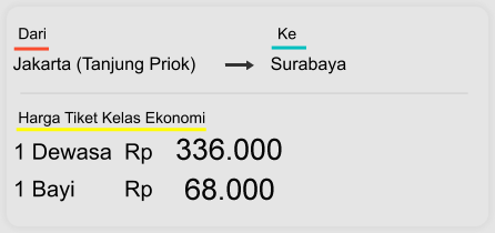 Jakarta (Tanjung Priok) Surabaya Dari  Ke 1 Dewasa  Rp 336.000 1 Bayi        Rp 68.000 Harga Tiket Kelas Ekonomi