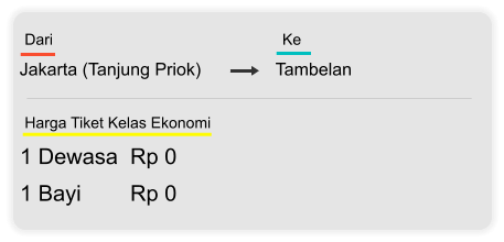 Jakarta (Tanjung Priok) Tambelan Dari  Ke 1 Dewasa  Rp 0 1 Bayi        Rp 0 Harga Tiket Kelas Ekonomi
