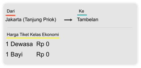 Jakarta (Tanjung Priok) Tambelan Dari  Ke 1 Dewasa  Rp 0 1 Bayi        Rp 0 Harga Tiket Kelas Ekonomi