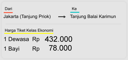Jakarta (Tanjung Priok) Tanjung Balai Karimun Dari  Ke 1 Dewasa  Rp 432.000 1 Bayi        Rp 78.000 Harga Tiket Kelas Ekonomi
