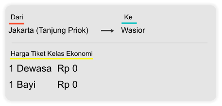 Jakarta (Tanjung Priok) Wasior Dari  Ke 1 Dewasa  Rp 0 1 Bayi        Rp 0 Harga Tiket Kelas Ekonomi